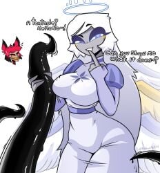 alastor_(hazbin_hotel) dami_ribbon emily_(hazbin_hotel) fully_clothed hazbin_hotel teasing tentacle thicc_thighs thick_thighs