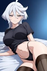 1female 1girl 1girls 2026 ahoge ai_generated bangs big_ass big_breasts black_panties black_shirt black_thighhighs blush breasts closed_mouth collarbone curvy grey_eyes grey_hair gundam hair_between_eyes hi_res high_quality high_resolution highres huge_ass huge_breasts large_breasts long_hair looking_at_viewer lying miorine_rembran mobile_suit_gundam navel on_bed on_side panties shirt smile solo thighhighs thighs underwear unjobdespiert white_hair