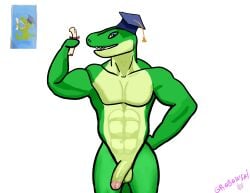 abs absurd_res anthro blue_eyes clothing digital_media_(artwork) dinosaur diploma erection genitals green_body green_scales grobowski hat headgear headwear hi_res holding_object humanoid_genitalia humanoid_penis male muscular muscular_male penis prehistoric_species reference_inset reptile scales scalie simple_background solo square_academic_cap white_background