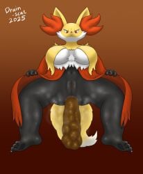 2025 3_toes anthro anus black_body breasts crouching delphox drain_scat feces feces_in_ass feet female fur generation_6_pokemon genitals hi_res low-angle_view multicolored_body multicolored_fur navel nintendo pokemon pokemon_(species) pooping red_body red_eyes red_fur simple_background solo tail toes vulva white_body white_fur worm's-eye_view yellow_body yellow_fur yellow_tail