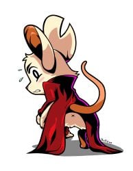 absurd_res anthro anus anus_only barefoot big_ears blush bodily_fluids bottomless cheek_tuft clothed clothing crotch_tuft crouching eyebrows facial_tuft featureless_crotch feet female fur half_dime hi_res jacket jacket_only looking_back mammal mina_(mina_the_hollower) mina_the_hollower mouse murid murine notched_ear pink_nose rodent solo style_emulation sweat sweatdrop tail teeth topwear topwear_only tuft white_body white_fur wide_hips x_anus yacht_club_games