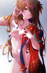 1girl 1girls absurdres arm_up armpits arutera asuka_langley_sohryu bare_shoulders blue_eyes bodysuit breasts brown_hair closed_mouth collarbone convenient_censoring convenient_hair covering_breasts covering_privates cowboy_shot curvy expressionless gradient_background groin hair_over_one_eye highres long_hair looking_at_viewer mecha_pilot_suit medium_breasts navel neon_genesis_evangelion no_bra no_panties nude plugsuit_(evangelion) red_bodysuit shiny_clothes shiny_skin solo souryuu_asuka_langley standing stomach very_long_hair wide_hips