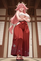 1girl ai_generated animal_ears arms_under_breasts artist_name bare_shoulders blush breasts budget_sarashi chest_sarashi crossed_arms earrings feet floral_print fox_ears full_body futarush genshin_impact hair_between_eyes hair_ornament hakama half-closed_eyes hoyoverse indoors japanese_clothes jewelry large_breasts long_hair looking_at_viewer mihoyo okobo patreon patreon_username pink_hair purple_eyes red_hakama sandals sarashi skirt solo standing sultryspark toenail_polish toenails toes underboob yae_miko