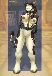1girls annoyed anthro arms_behind_back belt bondage bovine_humanoid brown_hair chains cloven_hooves collar cow_ears cow_horns crooked_tail edit fan_edit furry furry_female green_eyes harness hooves prison prisoner tauren tauren_female toned_female warcraft world_of_warcraft