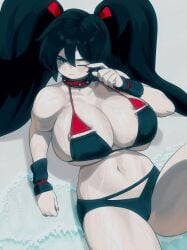 1girl athletic athletic_female black_hair blush breasts closed_mouth female florida_bikini gauntlets gigantic_breasts long_hair looking_at_viewer lying_on_back mole_under_eye one_knee_up red_nails ryusei_hashida smile solo thick_thighs toned_female veiny_breasts wide_hips wiping_eyes