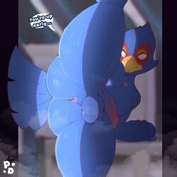 1:1 absurd_res anthro anus avian balls beak bird blue_body blue_feathers blush blush_lines bodily_fluids butt caught caught_in_the_act caught_off_guard dial embarrassed embarrassing_nudity falco_lombardi feathers femboy flexible genitals hi_res male nintendo nipples penis perineum pony_dreaming solo splits spread_legs spreading star_fox steam surprised sweat tail tail_feathers text thick_thighs
