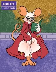 4_toes anthro barefoot bite biting_lip blush bodily_fluids bottomless clothed clothing coat digitigrade english_text eyewear feet female fingering flail genital_fluids glasses jacket kaboozey mammal masturbation melee_weapon mina_(mina_the_hollower) mina_the_hollower mouse murid murine notched_ear orgasm paws rodent solo text thick_thighs toes topwear vaginal_fluids weapon wide_hips yacht_club_games