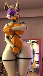 2024 3d_(artwork) absurd_res animatronic anthro anus areola areola_slip barely_visible_areola big_breasts big_butt black_sclera breasts butt canid canine covering covering_breasts covering_crotch covering_self curvy_figure digital_media_(artwork) ear_piercing ear_ring eyebrow_piercing facial_piercing female fingerless_(marking) fingerless_gloves_(marking) five_nights_at_freddy's five_nights_at_freddy's_world fox genitals glistening glistening_body gloves_(marking) gradient_hair hair head_bow heart_pupils heart_symbol hi_res hourglass_figure huge_breasts inner_ear_fluff inside lolbit_(fnaf) looking_at_viewer machine mammal markings mirror mirror_reflection mrs_dexie navel nose_piercing orange_anus orange_body orange_eyelids piercing purple_hair reflection ring_piercing robot robot_anthro scottgames short_hair smile smiling_at_viewer solo standing tail teasing teasing_viewer thick_thighs tongue tongue_out tuft vulva white_body white_eyes wide_hips