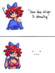 1girls 2026 4rm5trong big_breasts bow bra bra_strap_is_showing_(meme) button_eye doll_girl glitch_productions gooseworx ragatha ragatha_(tadc) ragatha_(the_amazing_digital_circus) ragdoll red-haired_female red_hair shirt_lift shirt_lifted_by_self showing_breasts solo_female tagme the_amazing_digital_circus