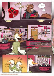 5_fingers anthro avian ball_gag barefoot bell bird bodily_fluids bottomwear bovid brown_body brown_fur brown_hair caprine cat_o'_nine_tails cattle_egret cellphone clothed clothed_anthro clothed_male clothing comic cuff_(restraint) dialogue dildo duo electronics english_text feathers feet fingers fur fuzzy_handcuffs gag goat hair handcuffs heron hi_res hoodie hooves horn humanoid_hands kantachibli lingerie male mammal metal_cuffs nervous page_number panties pelecaniform penetrable_sex_toy phillip_(kantachibli) phone restraints sex_shop sex_toy shirt shorts smartphone sonni_(kantachibli) speech_bubble standing store sweat text topwear underwear url whip white_body white_feathers