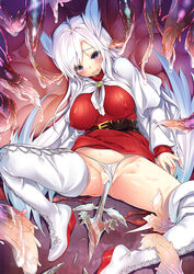 1girls belt blush boots breasts buckle covered_nipples erect_nipples female highres hinasaki large_breasts long_hair object_insertion open_mouth panties panties_aside purple_eyes pussy solo summon_night summon_night_3 tentacle thigh_boots thighhighs underwear white_hair white_legwear white_panties