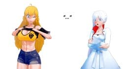 2girls blonde_female blonde_hair blue_eyes bra_strap bra_strap_is_showing_(meme) clothed_female long_hair long_hair_female purple_eyes rwby rwby_lewd showing_off weiss_schnee white_hair white_hair_female yang_xiao_long