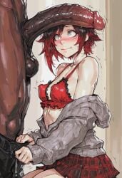 1boy 1girls ai_generated aroused blush covering_mouth dark-skinned_male erect_nipples faceless_male height_difference huge_cock muscular_male nervous pants_pull penis_awe penis_on_face penis_out petite precum precum_drip ruby_rose rwby shy small_breasts surprised tagme taurusinvert