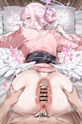 1boy 1girls anus ass blue_archive blush creampie cum cum_in_pussy cum_inside doggy_style female from_behind halo kimono looking_at_viewer looking_back mika_(blue_archive) penetration penis pink_hair sex sex_from_behind sweat trinity_general_school_student wings woo_(woosan)