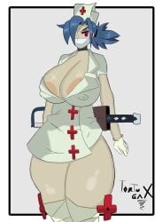 artis artist_name artist_signature big_ass big_breasts big_thighs blue_hair blush fanart female hi_res nipples nipples_visible_through_clothing nurse short_hair skullgirls thicc thick_thighs thighs valentine_(skullgirls) voluptuous_female wide_hips