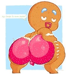 1boy 2026 anus ass balls bananapop big_ass dreamworks flaccid food gay gingy_(shrek) male male_only meme micropenis penis shrek_(series) shrek_5 small_penis solo spanish_text squatting text translation_request yaoi young