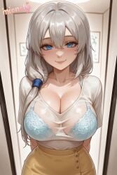 1girl ai_generated arms_behind_back artist_name blue_bra blue_eyes blue_scrunchie blush bra bra_visible_through_clothes breasts brown_skirt cleavage closed_mouth collarbone doorway grey_hair hair_between_eyes hair_ornament hair_over_shoulder hair_scrunchie high-waist_pants high-waist_skirt honkai_(series) indoors lace-trimmed_bra large_breasts lips long_hair looking_at_viewer mature_female meme mionety open_door pov_doorway scrunchie see-through see-through_shirt shirt shirt_tucked_in short_sleeves side_ponytail skirt smile solo standing t-shirt underwear uzaki-chan_wa_asobitai! uzaki_tsuki wet wet_clothes wet_shirt white_shirt yellow_skirt
