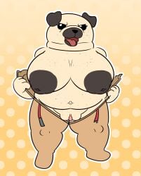 anthro belt_buckle big_breasts breasts brown_body brown_fur buckle canid canine canis clothed clothing dogs_in_space domestic_dog female freckles fur genitals grolarbearsins hi_res mammal molosser multicolored_body multicolored_fur netflix nipples partially_clothed pug simple_background slightly_chubby small_molosser solo sophie_(dogs_in_space) thick_thighs tongue tongue_out toy_dog two_tone_body two_tone_fur vulva