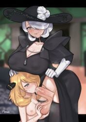 1futa 1girls age_difference alternate_breast_size ancestor ancestor_and_descendant artist_signature balls balls_fondling big_balls big_breasts big_penis black_dress blonde_hair blowjob blurry_background blush bottomless breast_size_difference breasts cleavage clothed clothed_futa clothing cogita_(pokemon) curvy cynthia_(pokemon) descendant dress duo erection fellatio female femsub fondling_balls futa_on_female futa_with_female futadom futanari gilf gmilf hair_ornament hair_over_one_eye hand_on_another's_head happy hat hi_res hips huge_breasts huge_cock human indoors intersex large_hat light-skinned_female light-skinned_futa light_skin mature_futa milf mostly_clothed nintendo norza nude nude_female older_futa oral penis pokemon pokemon_champion pokemon_dppt pokemon_legends:_arceus sex silver_eyes silver_hair size_difference slim_waist small_breasts smile standing sweat tear_troughs testicles thick_thighs thighhighs thighs time_paradox white_hair wide_hips younger younger_female