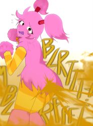 1girls back_view cheerleader fart fart_cloud fart_fetish farting_at_viewer female female_only monster monster_girl my_singing_monsters onomatopoeia open_eyes pigtails pink_body pink_fur pink_hair pompom_(my_singing_monsters) roku_(artist) simple_background striped_skin