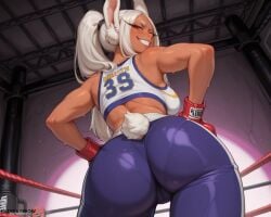 ai ai-created ai_art ai_assisted ai_generated anime anime_girl ass ass_focus ass_up back_view boku_no_hero_academia bunny_ears bunny_girl bunny_tail curvy curvy_body curvy_female curvy_figure dark-skinned_female dark_skin hi_res highres large_ass large_breasts lazyrainbow leggings looking_at_viewer looking_back mirko my_hero_academia patreon patreon_url patreon_username sadtomato sports_bra tan_body tan_skin yoga_pants