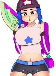 bibi_(brawl_stars) big_breasts black_eyes blue_hair clothed clothed_female girl heroine_bibi_(brawl_stars) short_shorts shy