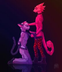accessory animal_crossing anthro anthro_on_anthro bdsm black_clothing black_footwear black_necktie black_socks black_tail blonde_hair boots bottomwear bottomwear_down bound butt chameleon checkered checkered_bottomwear checkered_clothing checkered_pants clothed clothing collar curled_tail domestic_cat dominant dominant_male ear_piercing ear_ring eyewear felid feline felis flick_(animal_crossing) footwear fur genitals glasses grey_body grey_fur hair half_naked hand_on_head hands_behind_back hands_tied hands_tied_behind_back head_spikes hi_res horn kneeling leather leather_boots leather_clothing leather_footwear lizard male male/male mammal necktie nintendo pants pants_down partially_clothed pattern_bottomwear pattern_clothing pattern_pants penis piercing raymond_(animal_crossing) red_body red_butt red_penis red_tail reflective_floor reptile restrained_arms ring_piercing rips_(artist) scalie shoes simple_background socks spikes spikes_(anatomy) submissive submissive_male tail tie_grab