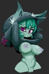 absurd_res animal_ears animal_nose areola big_breasts black_background black_clothing black_hoodie black_nose black_topwear breasts clothing eyelashes female front_view fur genitals green_body green_fur green_hair hair hands_behind_head hi_res hoodie humanoid hyakinuki league_of_legends long_sleeves looking_at_viewer markings mole_(marking) mole_on_breast navel nipples purple_areola purple_eyes purple_nipples riot_games short_hair simple_background solo tencent topwear vex_(lol) vulva wide_hips yordle