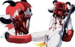 absurd_res animal_genitalia anthro blood bodily_fluids bovid boxwater caprine death decapitation genital_fluids genital_slit genitals gore gun guts hi_res horn male mammal organs ranged_weapon severed_body_part severed_head shotgun simple_background snuff solo statera_(boxwater) urine weapon