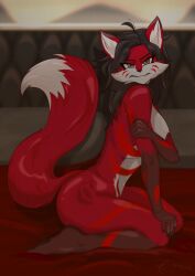 anthro bed_sheet bedding bedroom black_hair breasts canid canine embarrassed embarrassing_nudity exposed_breasts female fluffy fluffy_tail fox fur hair hi_res mammal markings pouting red_body red_fox red_fur shuiroraijin sitting solo tail true_fox warm_lighting white_body white_fur