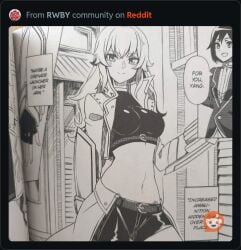2girls black_and_white clothed_female ember_celica long_hair long_hair_female manga manga_page ruby_rose rwby shorts stomach yang_xiao_long