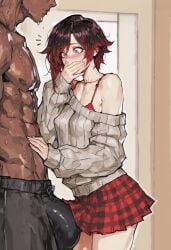 1boy 1girls ai_generated blush covering_mouth dark-skinned_male erection_under_clothes faceless_male height_difference looking_at_bulge muscular_male petite ruby_rose rwby shy small_breasts surprised tagme taurusinvert