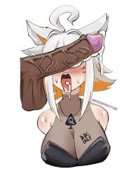 1boy 1girls big_breasts blacked breasts clothed clothed_female clothing color cum dark_skin demenishki dominant_male english_text female female_focus femsub hetero human light_skin male maledom multicolored_hair naked naked_male open_mouth orange_hair penis penis_covering_eyes queen_of_spades shoulder_length_hair simple_background straight submissive_female text tongue tongue_out twitter_link white_background white_hair
