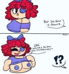 2026 big_breasts bow bra_strap_is_showing_(meme) button_eye button_nipples dialogue doll_girl glitch_productions gooseworx rag_doll ragatha ragatha_(tadc) ragatha_(the_amazing_digital_circus) red-haired_female red_hair shirt_lift shirt_lifted_by_self shoulder_exposed showing_breasts stitches tagme tagme_(artist) the_amazing_digital_circus
