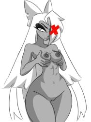 blush dami_ribbon embarrassed embarrassed_nude_female hazbin_hotel holding_breasts holding_breasts_up one_eye vaggie_(hazbin_hotel)