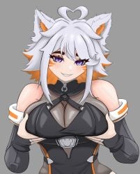 1girls artist_request big_breasts breasts breasts_focus clothed clothed_female clothing color demenishki female female_focus female_only fully_clothed grey_background holding_up_breasts indie_virtual_youtuber light_skin looking_at_viewer multicolored_hair open_eyes orange_hair purple_eyes simple_background smile standing twitter_link virtual_youtuber vtuber white_hair