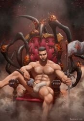 1boy abs absurdres artist_name axe bara black_hair blood blood_on_weapon brown_eyes bulge bulge_erection bulge_through_clothing bulge_through_underwear bulge_under_clothes closed_mouth david_king dead_by_daylight erect_penis_under_clothes erection erection_under_clothes erection_under_clothing facial_hair flag highres holding holding_axe holding_flag holding_weapon kapetoelo looking_at_viewer male male_focus male_only muscular muscular_male navel navel_hair precum precum_in_underwear precum_stain scar scar_on_face short_hair sitting sitting_on_chair sitting_on_throne solo solo_focus solo_male thick_thighs thighs throne undercut underwear underwear_only weapon yaoi
