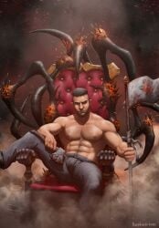 1boy abs absurdres artist_name axe bara black_hair blood blood_on_weapon brown_eyes chest_hair closed_mouth david_king dead_by_daylight facial_hair flag highres holding holding_axe holding_flag holding_weapon jeans jeans_only kapetoelo looking_at_viewer male male_focus male_only muscular muscular_male navel navel_hair nipples no_shirt pants pants_only scar scar_on_face shirtless shirtless_male short_hair sitting sitting_on_chair sitting_on_throne solo solo_focus solo_male thick_thighs thighs throne undercut weapon yaoi
