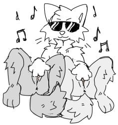 anthro anus butt canid canine clitoris eyewear female fur genitals grey_body grey_fur group hi_res humanoid_genitalia humanoid_vulva humor lying male mammal meme monochrome musical_note musical_symbol on_back pink_clitoris rookspirit simple_background sunglasses symbol tail trio vulva white_body white_fur