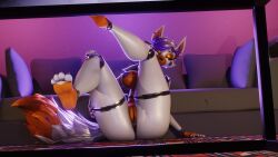 2024 3d_(artwork) 4_toes absurd_res animatronic anthro anus areola big_breasts black_sclera breasts canid canine digital_media_(artwork) dutch_angle ear_piercing ear_ring eyebrow_piercing facial_piercing feet female five_nights_at_freddy's five_nights_at_freddy's_world fox furniture genitals glistening glistening_body glowing glowing_eyes grey_sofa hair head_bow hi_res inside lolbit_(fnaf) looking_aside machine mammal mrs_dexie nipples nose_piercing orange_body orange_eyelids piercing pillow plantigrade purple_areola purple_hair purple_nipples raised_leg ring_piercing robot robot_anthro scottgames short sitting sitting_on_ground sofa soles solo spread_legs spreading tail thick_thighs toeless_(marking) toes under_table vulva white_body white_eyes
