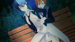 anal_penetration anal_sex aoyagi_touya bench_sex blue_hair bottomless_male colored dick_in_ass fucked_from_below fucking_ass gay_sex horny_male male/male mole_under_eye nipples_outside open_shirt orange_hair park_bench partners penetrating_ass penetration project_sekai public public_sex school_uniform shinonome_akito smug_face two-tone_hair