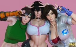 3d 3d_(artwork) 3girls anime atsuko_hagiwara bandai_namco black_hair blender boobs breasts brunette brunette_hair cleavage clothed clothing duo_gale eye_contact female female_focus female_only final_fantasy final_fantasy_vii final_fantasy_vii_remake hagiwara_studio kazama_asuka long_hair peace_sign pose seductive seductive_look shiny shiny_skin short_hair smile standing tekken tekken_8 tits tomboy video_game_character video_games voluptuous voluptuous_female yuffie_kisaragi