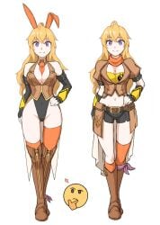 1girls blonde_female blonde_hair bunny_ears bunny_girl bunnysuit cleavage hand_on_hip long_hair long_hair_female mori_kuro purple_eyes rwby solo_female yang_xiao_long