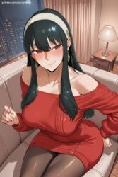 1girl ai_generated bangs bare_shoulders black_hair black_legwear blush breasts brown_eyes closed_mouth collarbone cup dress earrings eyebrows_visible_through_hair hairband hi_res high_quality high_resolution indoors jewelry large_breasts long_hair looking_at_viewer off-shoulder_sweater off_shoulder pantyhose patreon red_dress red_eyes red_sweater savvyraexo seductive sexy sidelocks sitting smile solo spy_x_family sweater sweater_dress uncensored watermark yor_briar