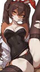 1girl ai_generated amber_(genshin_impact) animal_ears bare_shoulders black_panties black_thighhighs bow breasts brown_fur brown_hair cleavage covered_navel decurse furry furry_female garter_straps genshin_impact hair_between_eyes long_hair looking_at_viewer medium_breasts panties rabbit_ears simple_background sitting smile solo thighhighs twintails underwear white_background yellow_eyes