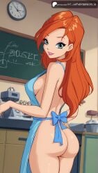 ai_generated aiuniverse56 apron apron_only aqua_eyes ass ass_focus bloom_(winx_club) bubble_butt butt butt_focus cartoon covered_nipples long_hair medium_breasts naked_apron nude orange_hair pink_lips pink_lipstick sideboob stable_diffusion winx_club
