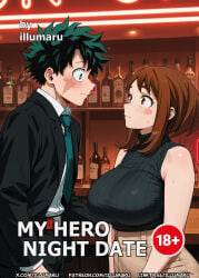 1boy 1girl 2026 adult ai_assisted ai_generated bar big_breasts blush boku_no_hero_academia breasts brown_hair comic couple cover cover_page detailed green_hair grown_up hi_res illumaru large_breasts midoriya_izuku my_hero_academia my_hero_academia_(finale) ochako_uraraka official_alternate_costume patreon_username short_hair smile stable_diffusion sweater time_skip uraraka_ochako