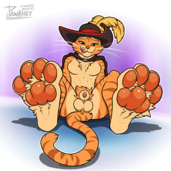 1:1 animal_genitalia animal_penis anthro athletic athletic_anthro athletic_male ball_tuft balls bottomless cape cheek_tuft chest_tuft clothed clothing domestic_cat dreamworks eyebrows facial_tuft feet felid feline feline_genitalia feline_penis felis foot_focus front_view fur fuzzy genitals glistening glistening_pawpads green_eyes hat headgear headwear hi_res licking licking_lips licking_own_lips looking_at_viewer male mammal orange_body orange_fur partially_clothed pawpads pawzzhky penis penis_tip pubes puss puss_in_boots_(dreamworks) puss_in_boots_(franchise) sheath shrek_(series) signature simple_background sitting smile solo tabby_cat tail tongue tongue_out tuft whiskers
