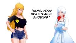 2girls abs blonde_female blonde_hair blue_eyes bra_strap_is_showing_(meme) clothed_female dialogue long_hair long_hair_female purple_eyes rwby rwby_lewd scar_on_face shorts weiss_schnee white_hair white_hair_female yang_xiao_long