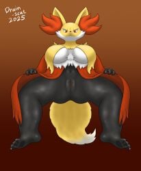 2025 3_toes anthro anus black_body breasts crouching delphox drain_scat feet female fur generation_6_pokemon genitals hi_res low-angle_view multicolored_body multicolored_fur navel nintendo pokemon pokemon_(species) red_body red_eyes red_fur simple_background solo spread_legs spreading tail toes vulva white_body white_fur worm's-eye_view yellow_body yellow_fur yellow_tail